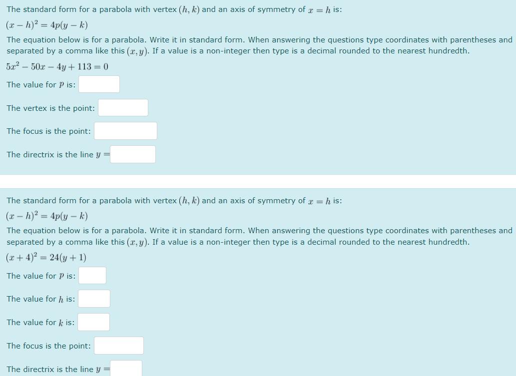 Solved The Standard Form For A Parabola With Vertex H K Chegg Com