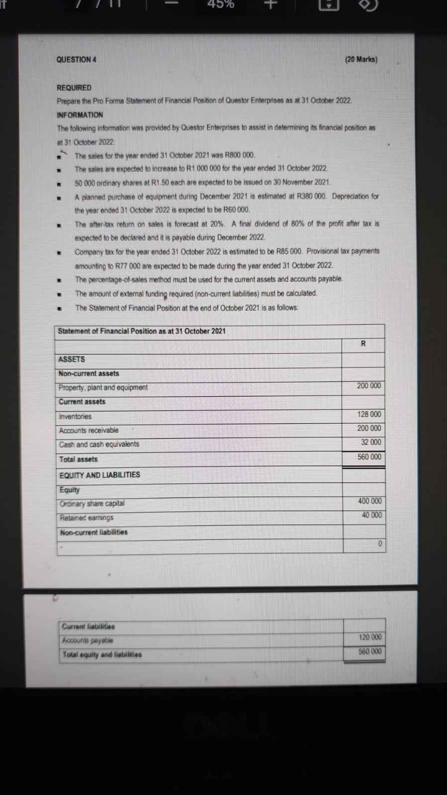 Solved REQUIRED Prepare the Pro Forma Statement of Financial | Chegg.com
