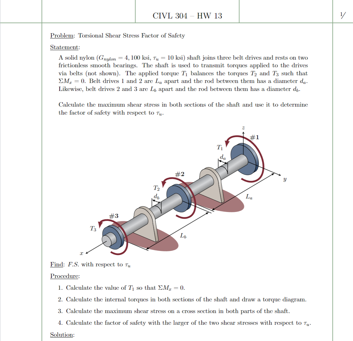 Solved Problem: Torsional Shear Stress Factor of Safety | Chegg.com