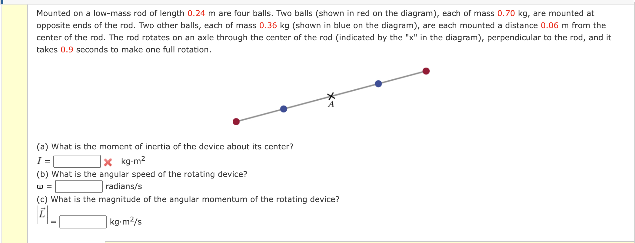 Solved Mounted on a lowmass rod of length 0.24 m are four