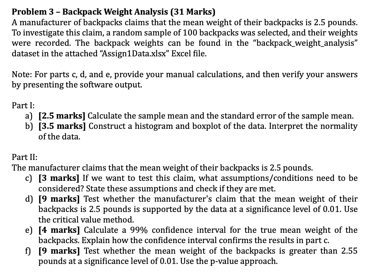 Solved Problem 3 Backpack Weight Analysis (31 Marks) A