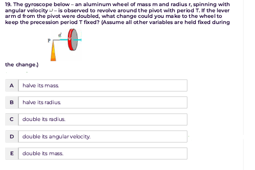 Solved 19. The gyroscope below - an aluminum wheel of mass m | Chegg.com