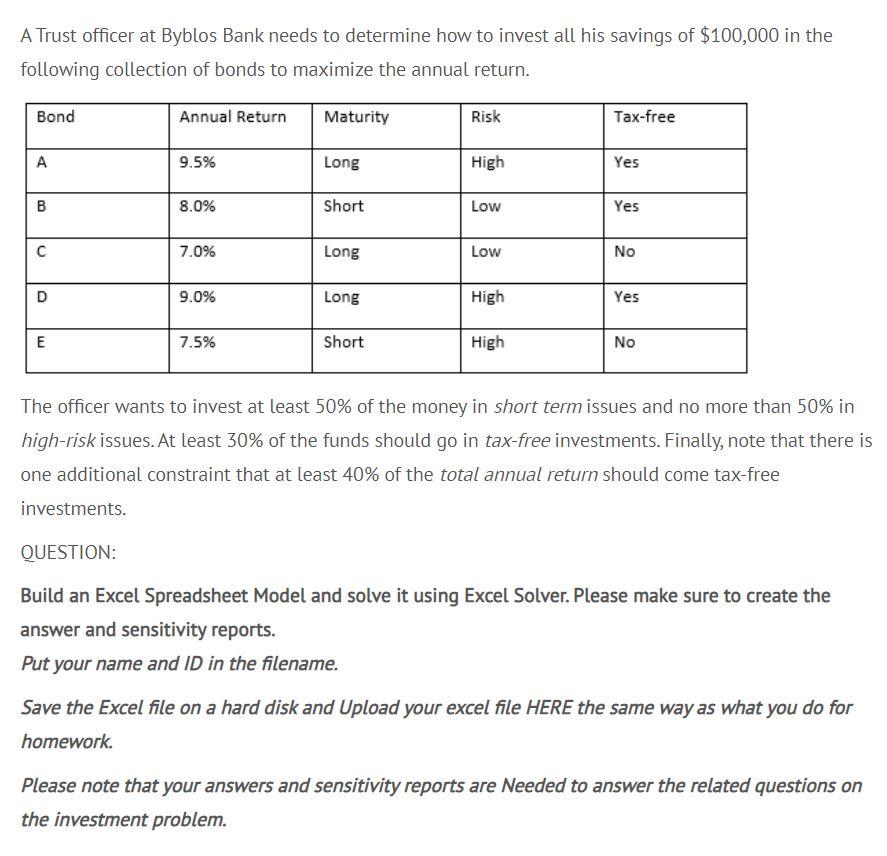 Solved A Trust Officer At Byblos Bank Needs To Determine How Chegg Com