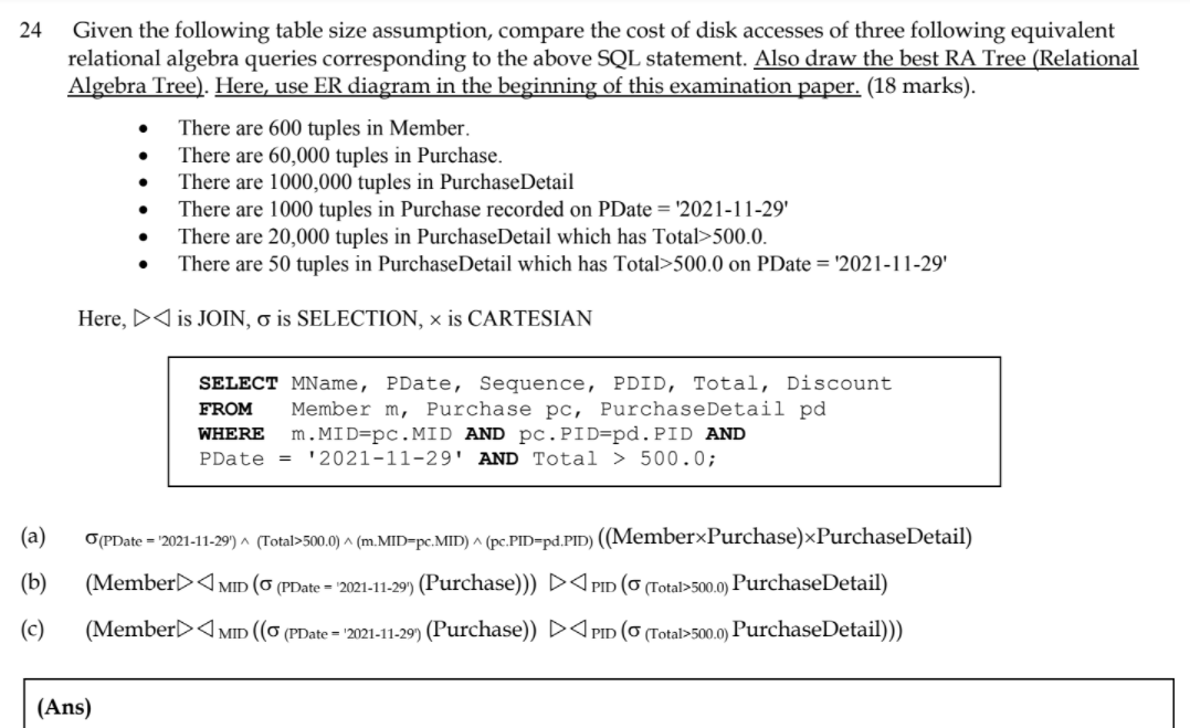 Solved 24 Given the following table size assumption, compare | Chegg.com