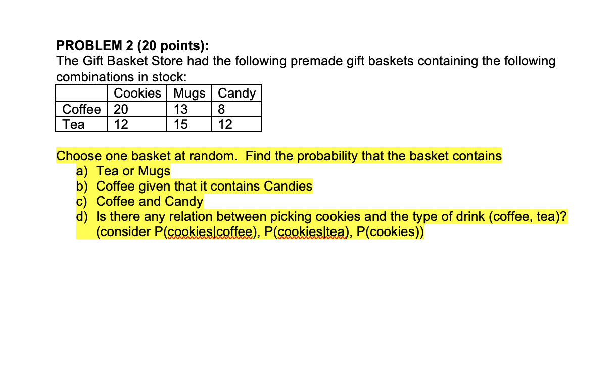 Solved PROBLEM 2 (20 points) The Gift Basket Store had the