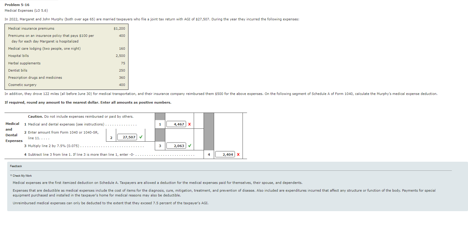 Solved Problem 516 Medical Expenses (LO 5.6) In 2022,
