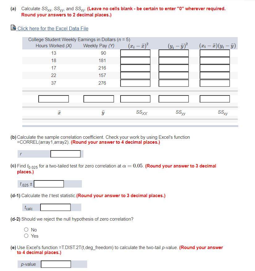 Solved A Calculate Ssxx Ssyy And Ssxy Leave No Cells Chegg Com