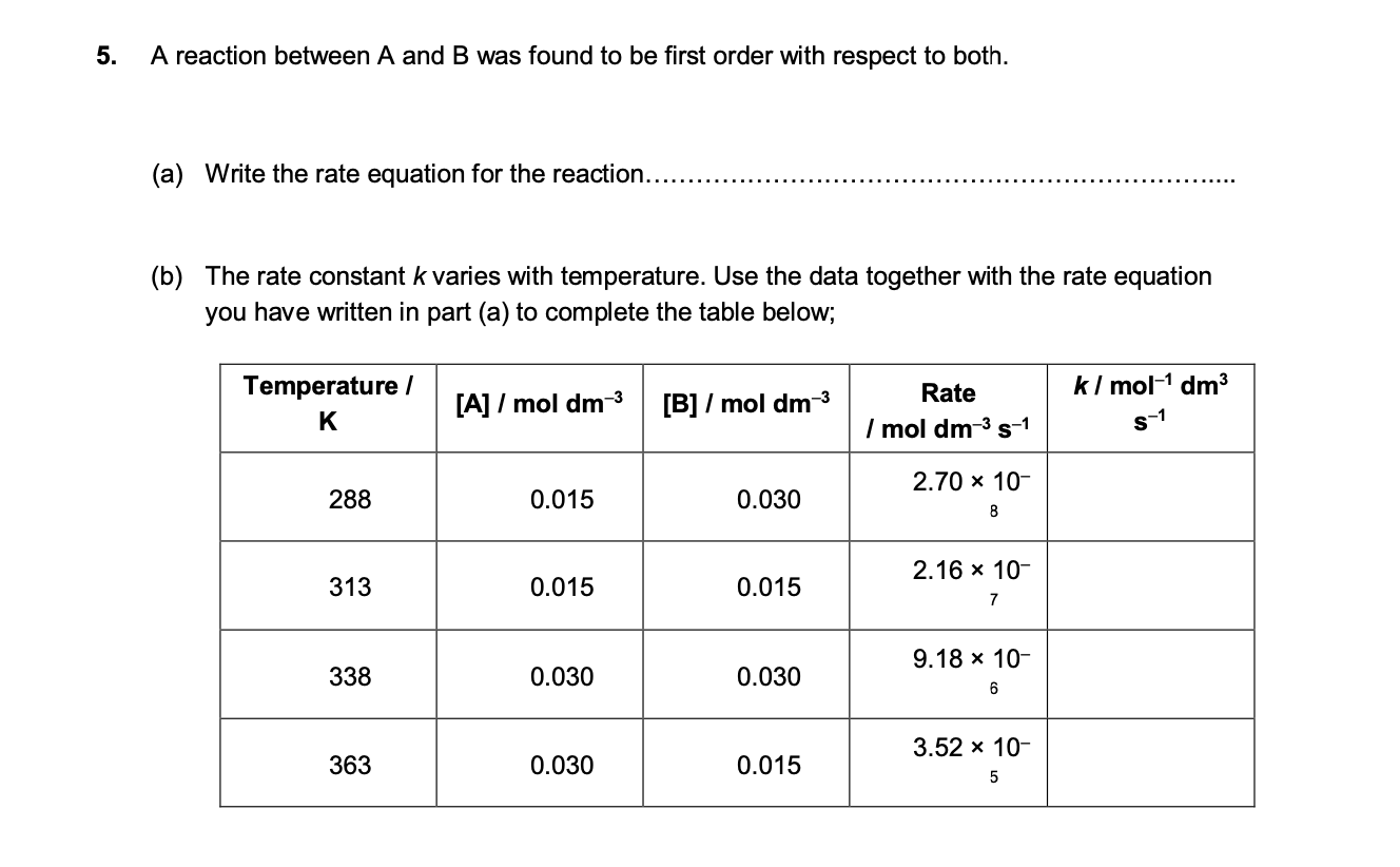 Solved 5. A reaction between A and B was found to be first | Chegg.com
