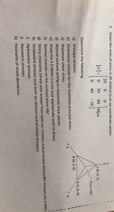 Solved 2. Given the state of stress in 3D relative to an xyz | Chegg.com