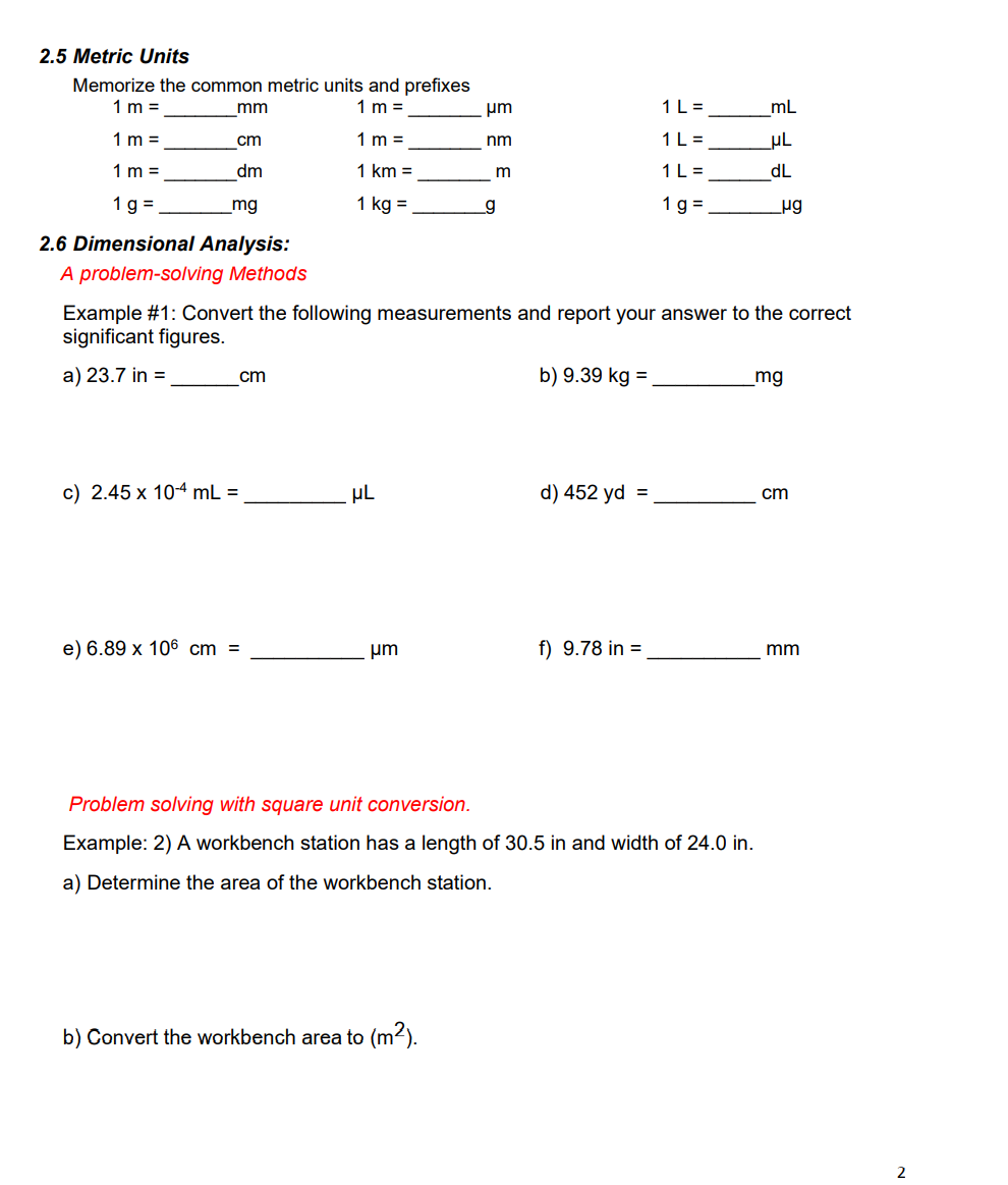 Solved 2 5 Metric Units Memorize The Common Metric Units And Chegg Com