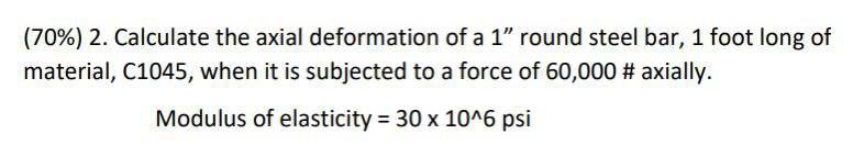Solved (70\%) 2 . Calculate the axial deformation of a 1′′ | Chegg.com