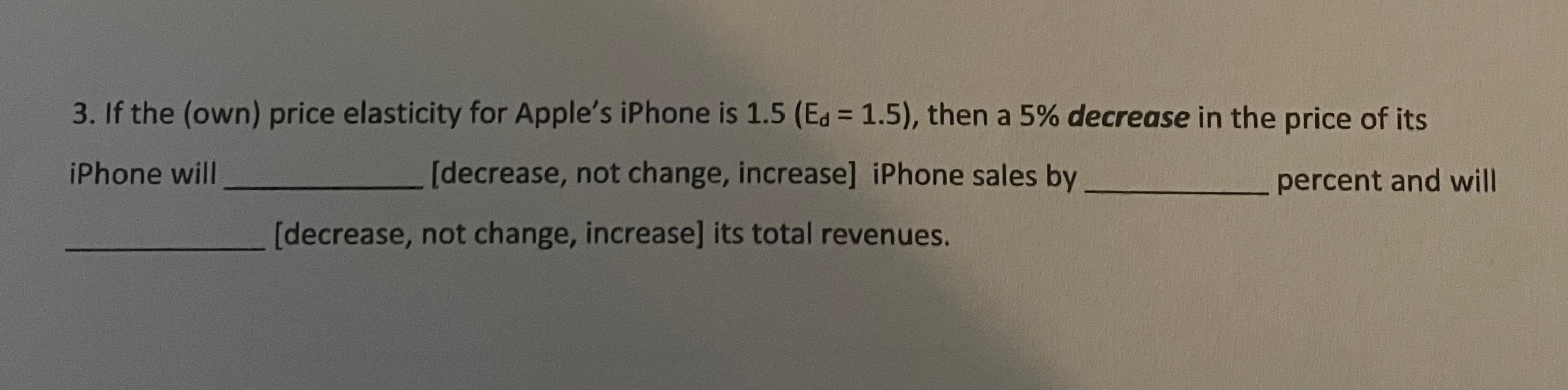 Solved 3. If the (own) price elasticity for Apple's iPhone