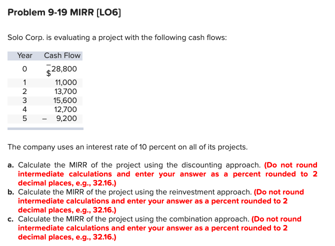 Solved Problem 9-19 MIRR (LO6] Solo Corp. is evaluating a | Chegg.com
