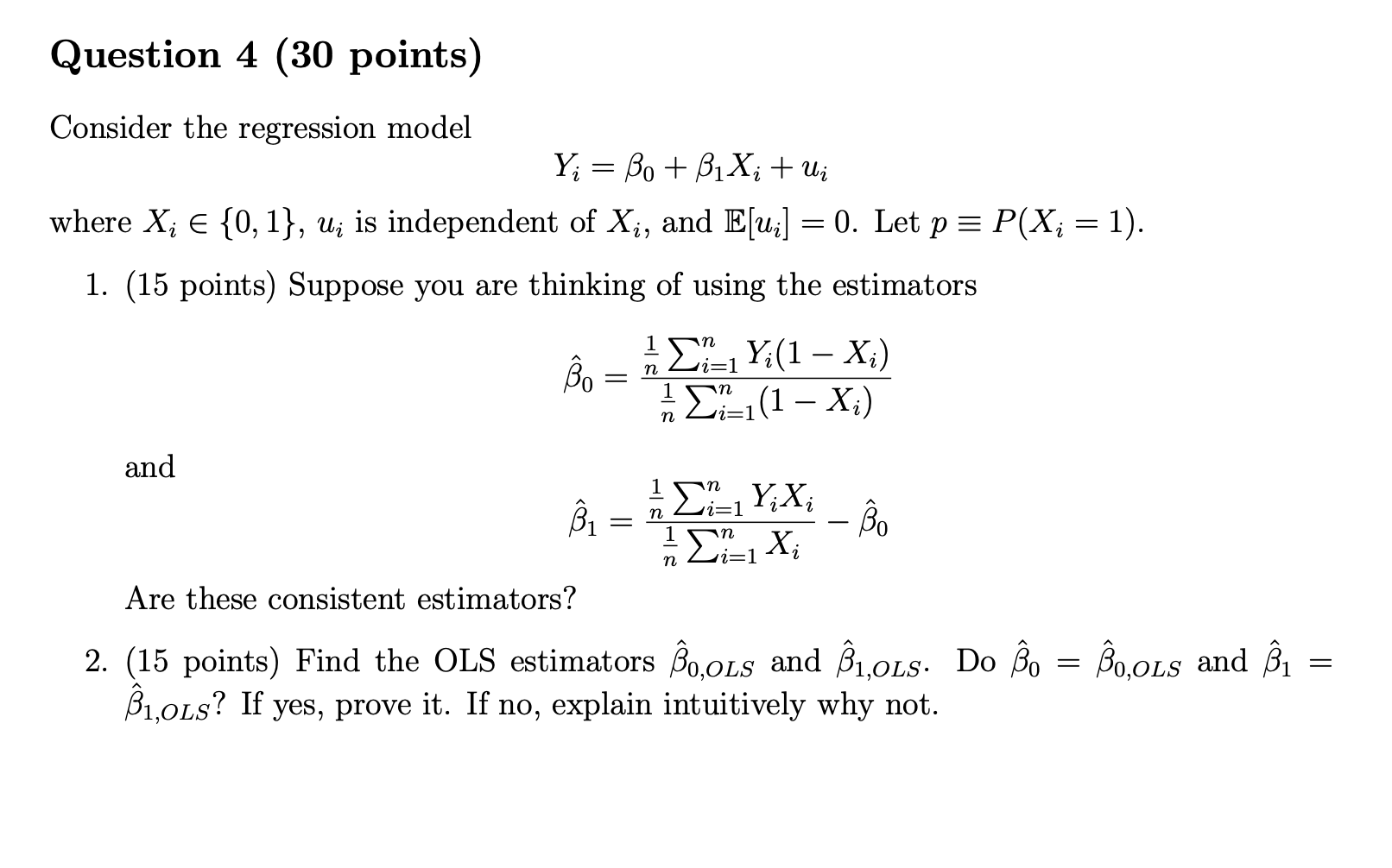 Solved Question 4 30 Points Consider The Regression Mod Chegg Com