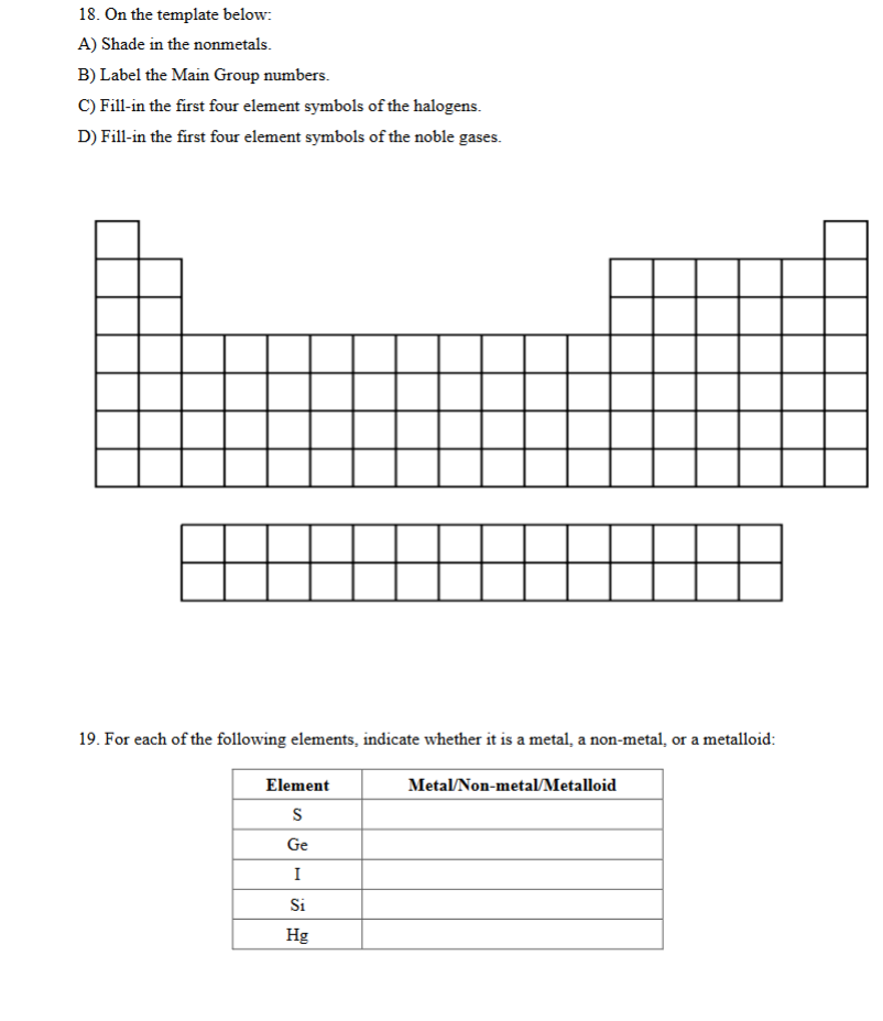 Solved 18. On the template below: A) Shade in the nonmetals. | Chegg.com