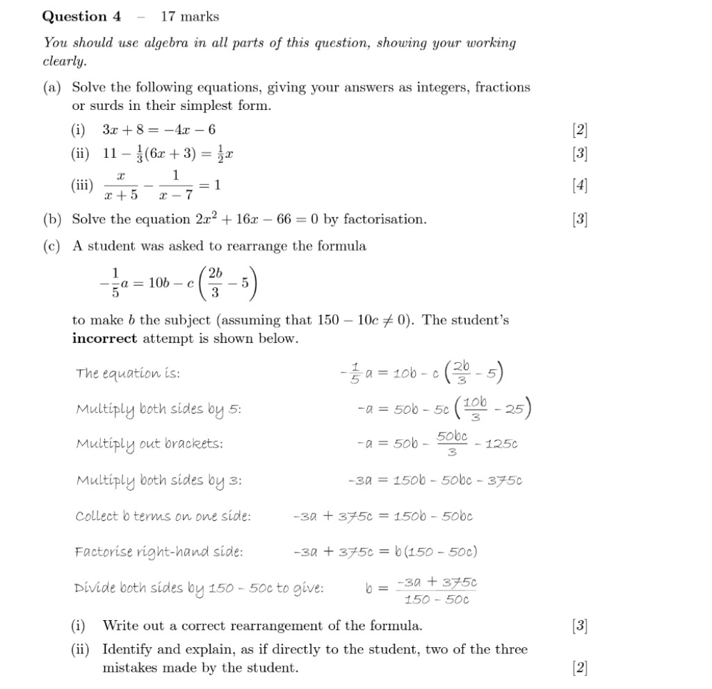 Solved Question 4 - 17 marks You should use algebra in all | Chegg.com