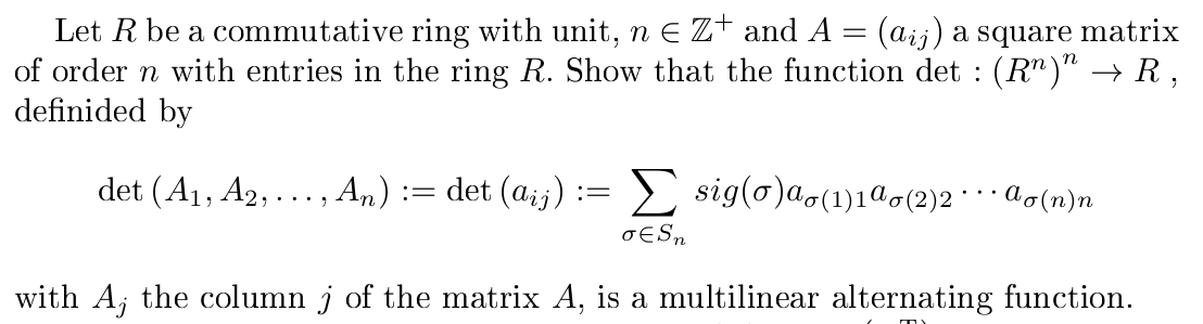 Solved Let R be a commutative ring with unit, n e Z+ and A = | Chegg.com