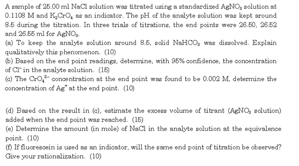 Solved A sample of 25.00 ml NaCl solution was titrated using | Chegg.com