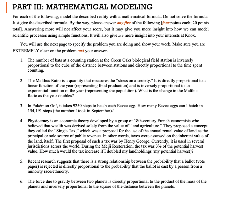 Solved PART III: MATHEMATICAL MODELING For each of the | Chegg.com
