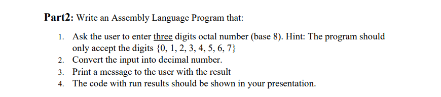 Solved Part2: Write An Assembly Language Program That: 1. | Chegg.com