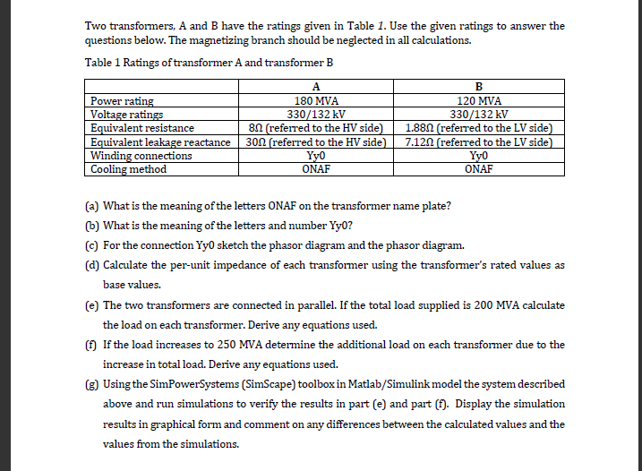 Solved Two Transformers, A And B Have The Ratings Given In | Chegg.com