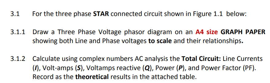 Solved 3.1 For the three phase STAR connected circuit shown | Chegg.com