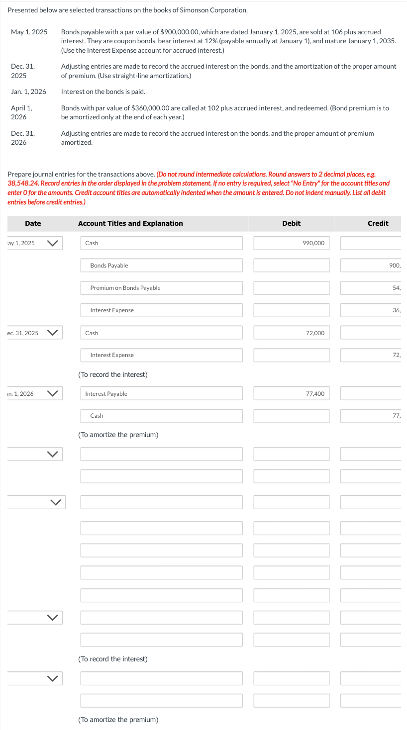 Solved May 1, 2025 Bonds payable with a par value of