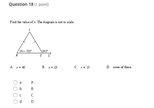 Solved Question 18 1 Point Find The Value Of X The Dia Chegg Com
