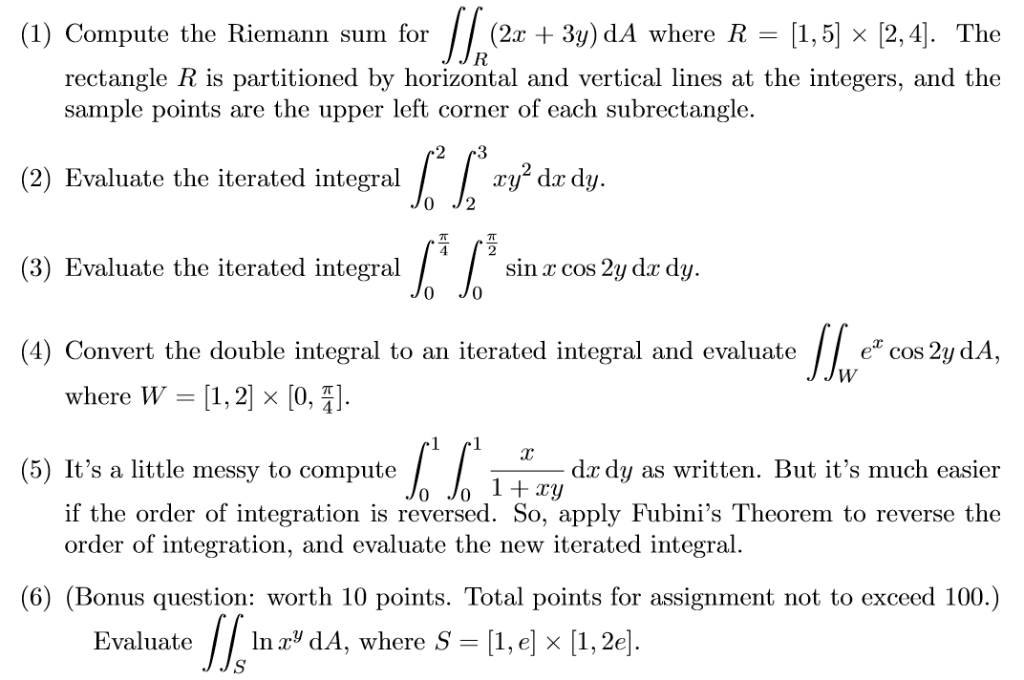 Solved (1) Compute the Riemann sum for // (2x + 3y) dA where | Chegg.com