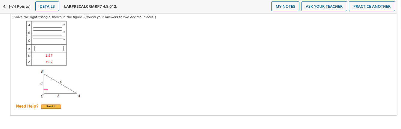 Solved Solve the right triangle shown in the figure. (Round | Chegg.com