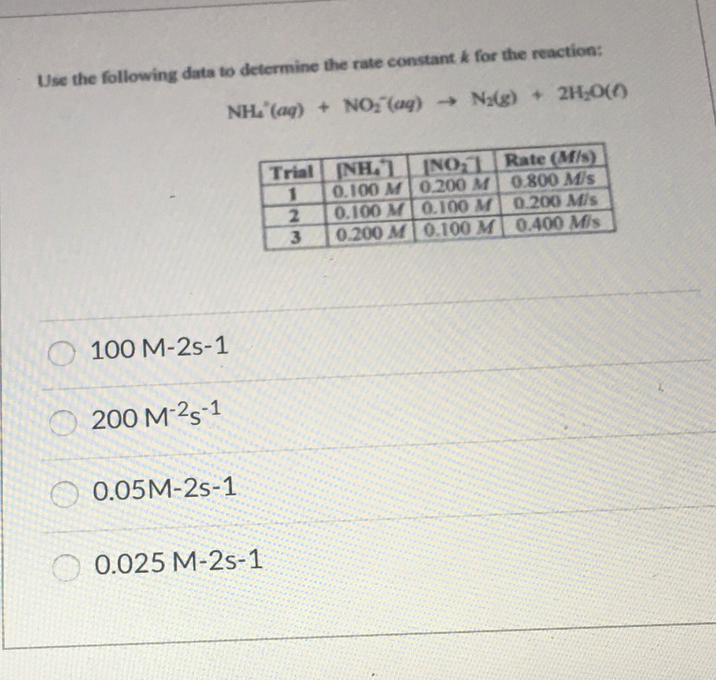 Solved Use the following data to determine the rate constant | Chegg.com