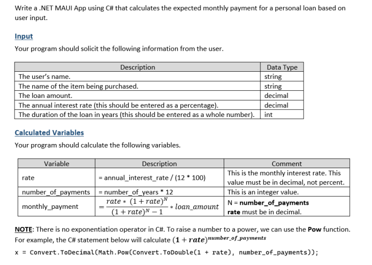 Solved Write a .NET MAUI App using C# that calculates the | Chegg.com