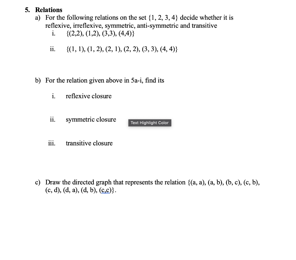 Solved 5. Relations a) For the following relations on the | Chegg.com