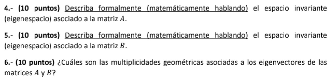 4.- (10 puntos) Describa formalmente (matemáticamente hablando) el espacio invariante (eigenespacio) asociado a la matriz \(