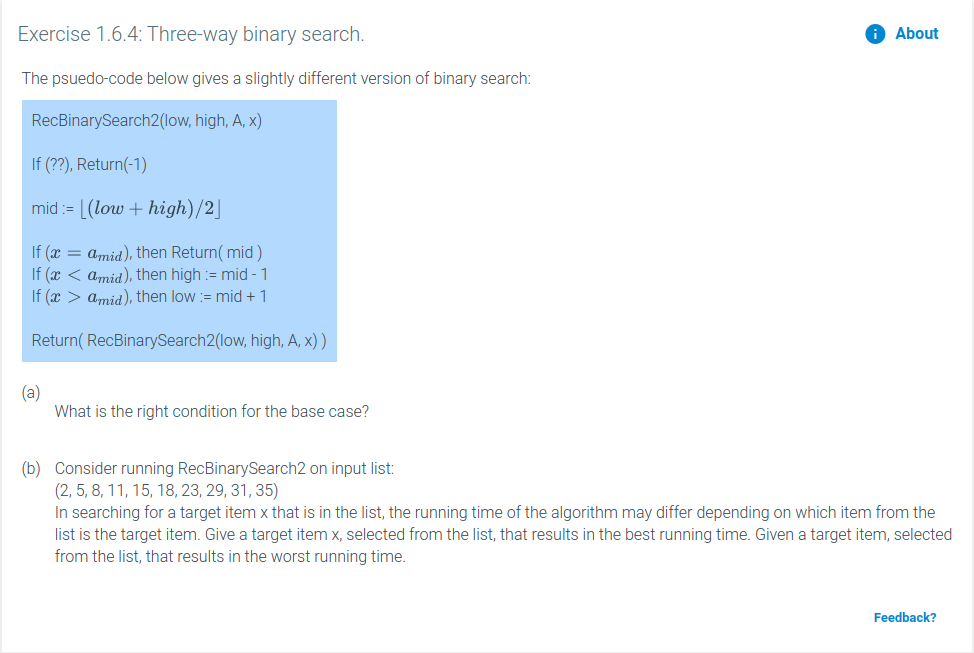 Solved Exercise 1.6.4: Three-way binary search. About The | Chegg.com