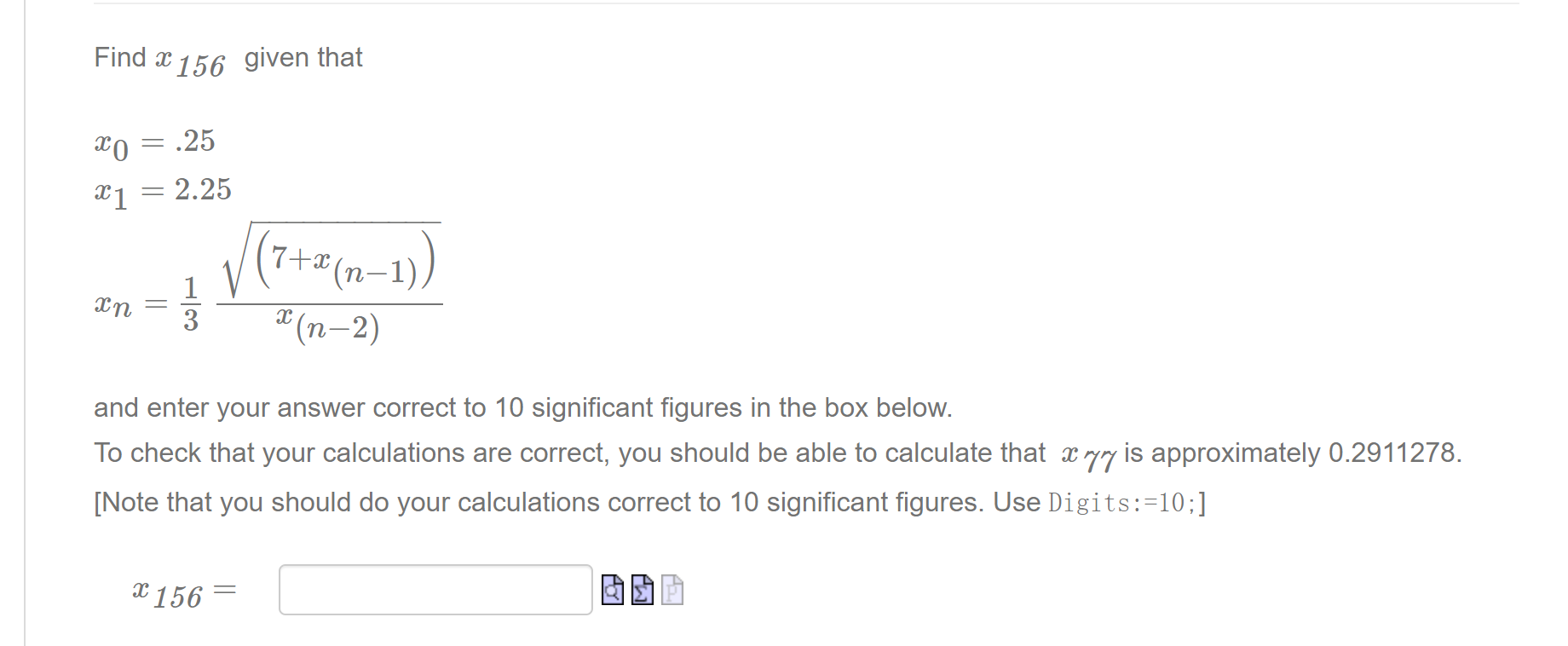 Solved Find X 156 given that 20 =.25 X1 = 2.25 1 (7+2(n-1