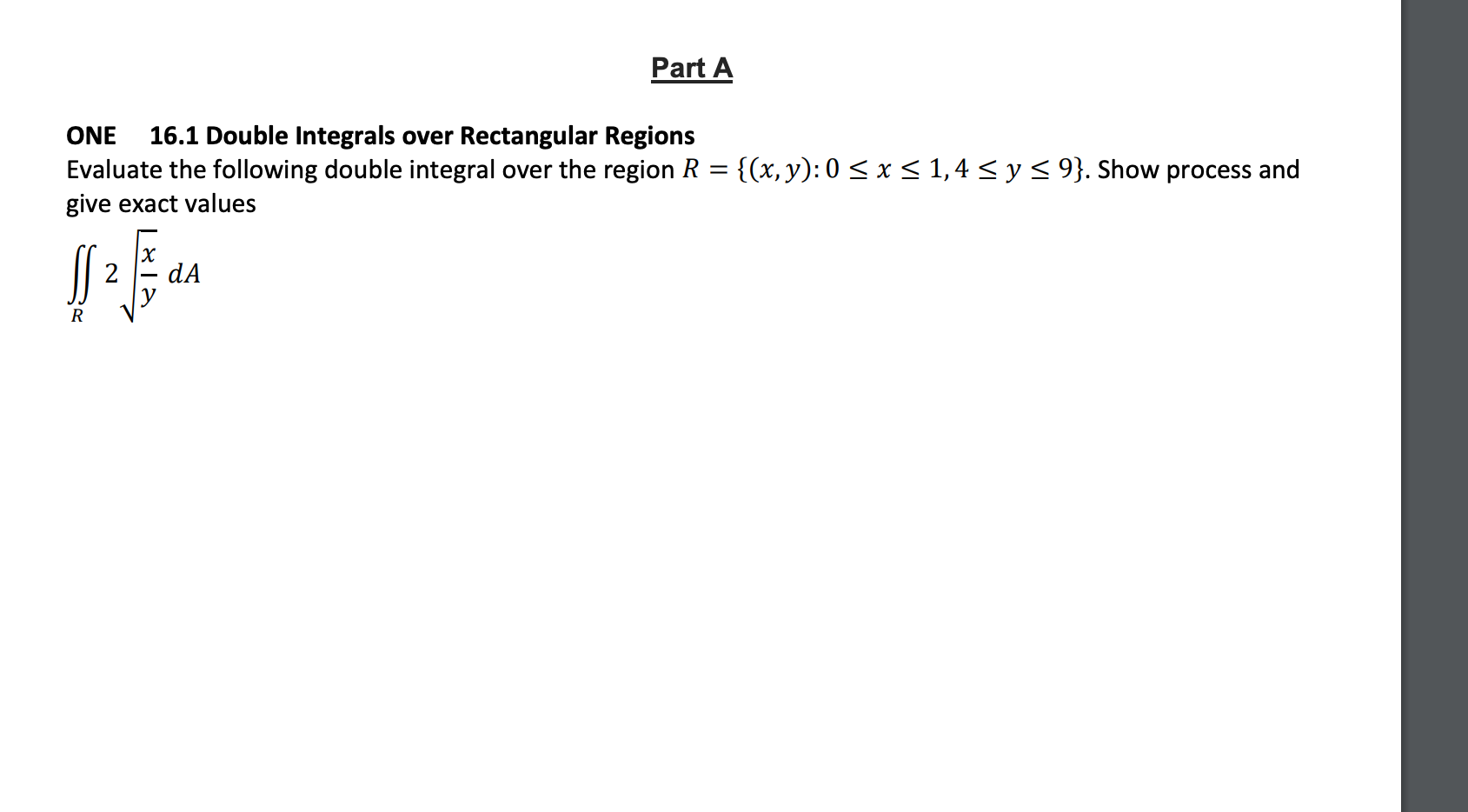 Solved Part A One 16 1 Double Integrals Over Rectangular Chegg