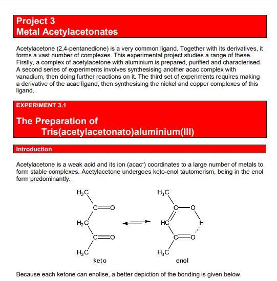 Solved Project 3 Metal Acetylacetonates Acetylacetone | Chegg.com