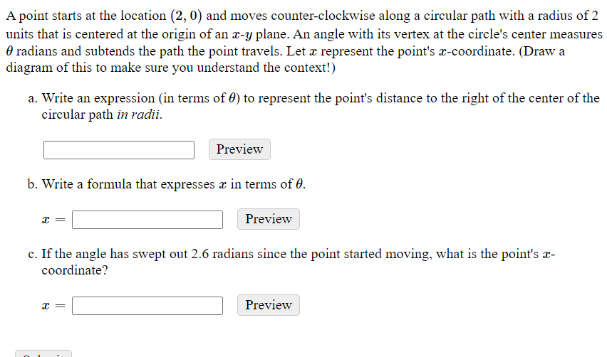 Solved A point starts at the location (2,0) and moves | Chegg.com