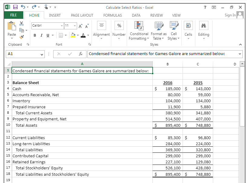 Solved x] 5- Calculate Select Ratios - Excel का 5 FILE HOME | Chegg.com