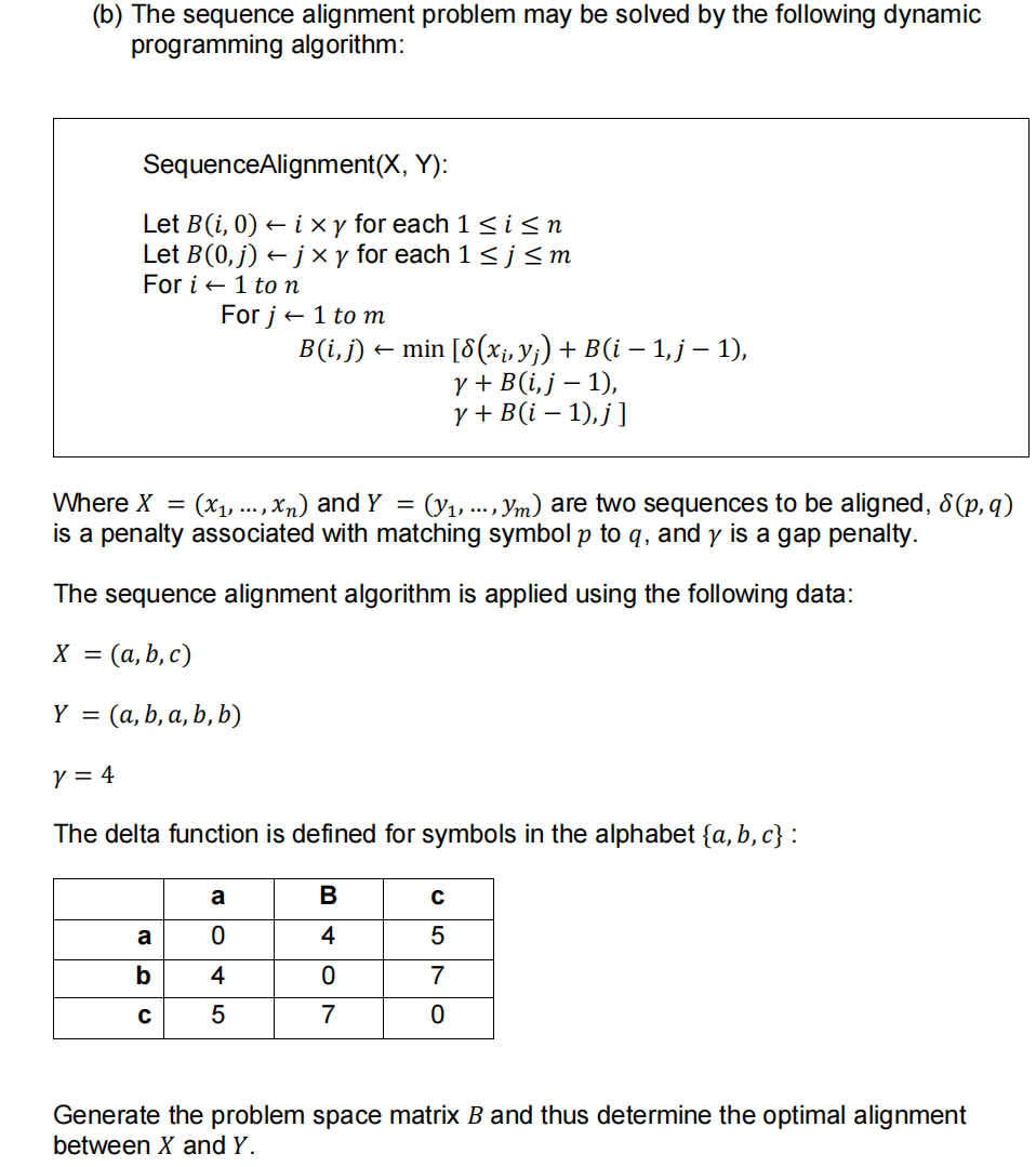Solved (b) The sequence alignment problem may be solved by | Chegg.com