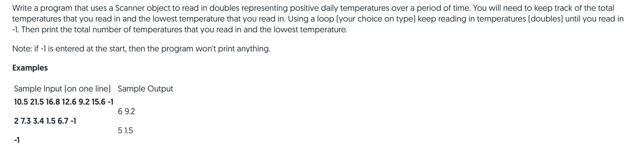 Write a program that uses a Scanner object to read in doubles representing positive daily temperatures over a period of time.