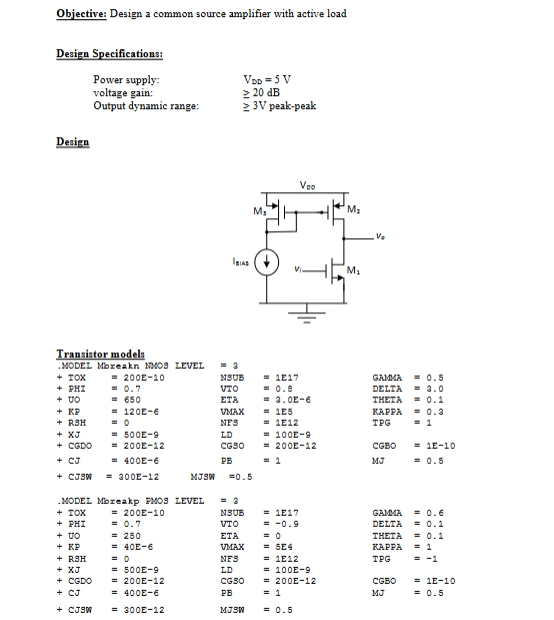 Objective: Design a common source amplifier with | Chegg.com