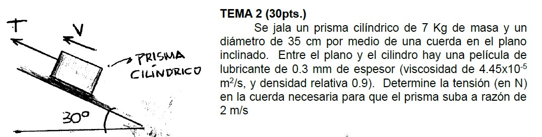 TEMA 2 (30pts.) Se jala un prisma cilíndrico de \( 7 \mathrm{Kg} \) de masa y un diámetro de \( 35 \mathrm{~cm} \) por medio