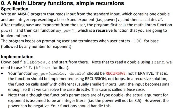 0. A Math Library functions, simple recursions | Chegg.com