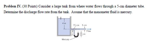 Solved Problem IV. (30 Points) Consider a large tank from | Chegg.com