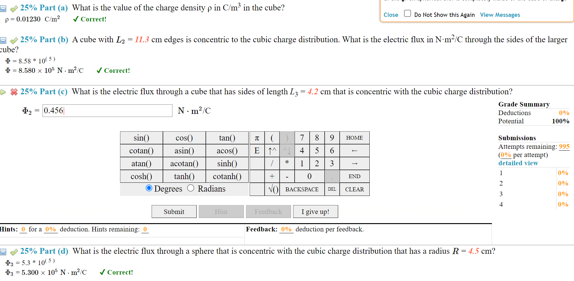 Solved q=7.6μCρ=0.01230C/m2 Correct ! 25% Part (b) A cube | Chegg.com