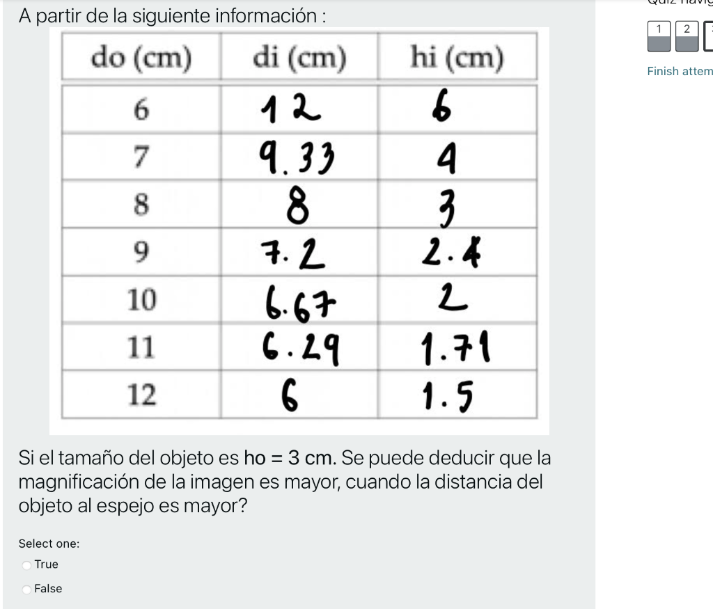 A partir de la siguiente información : do (cm) di (cm) 2 Finish attem 6 12 7 8 hi (cm) 6 4 3 2.4 2 1.71 1.5 9.33 8 7.2 6.67 6