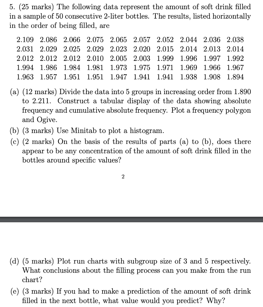 Solved 5. (25 marks) The following data represent the amount | Chegg.com