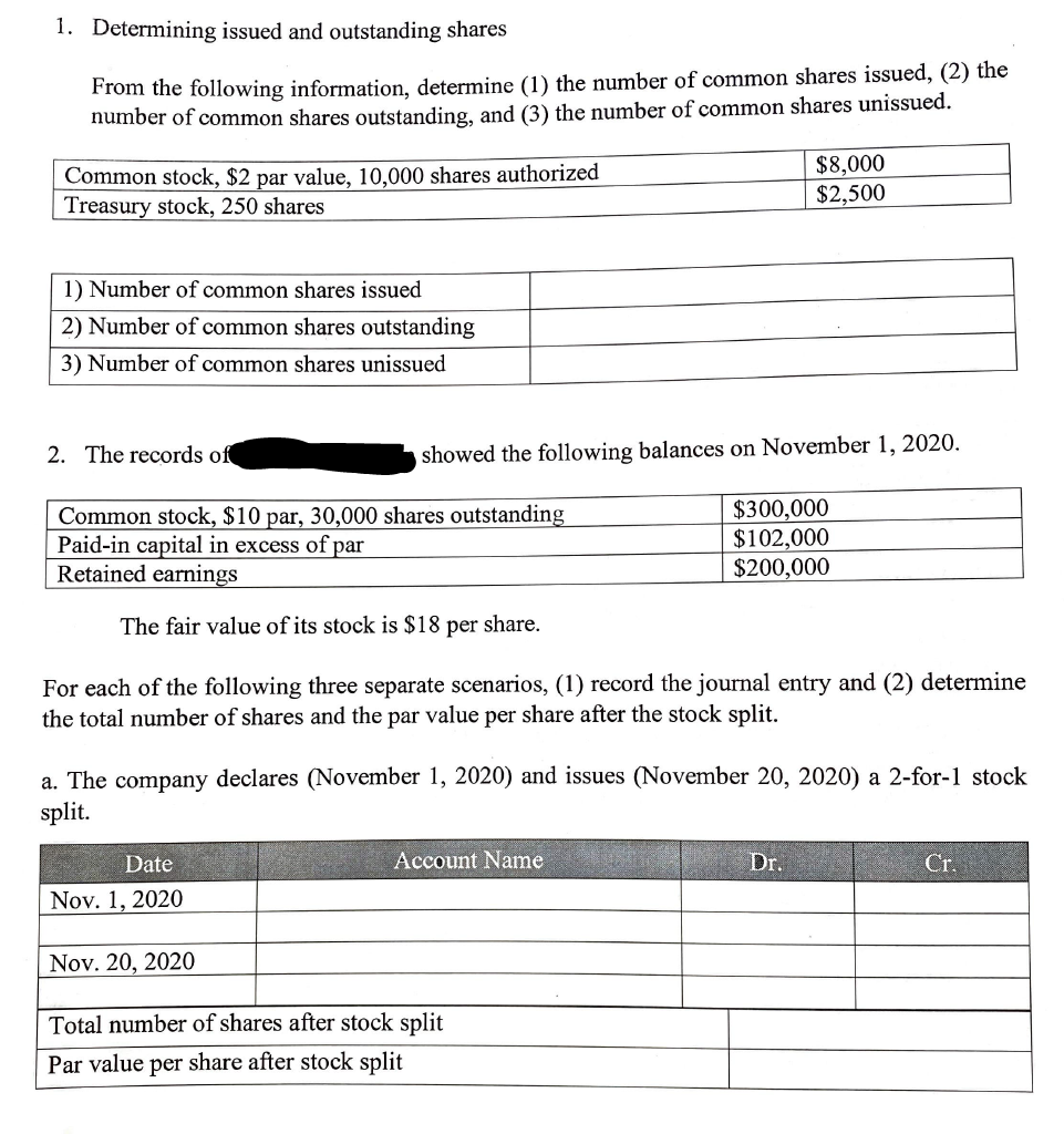 Solved 1. Determining issued and outstanding shares From the | Chegg.com